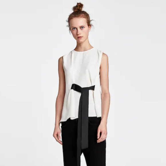 Zara Tops - ZARA WHITE SLEEVELESS TOP WITH BLACK TIE SASH SZ L